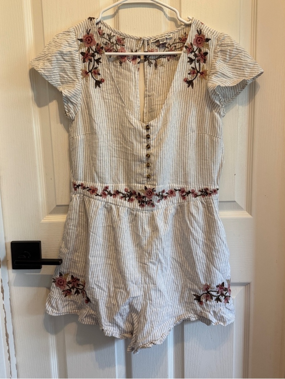 American Eagle Outfitters Striped Romper with Pink Floral Embroidery